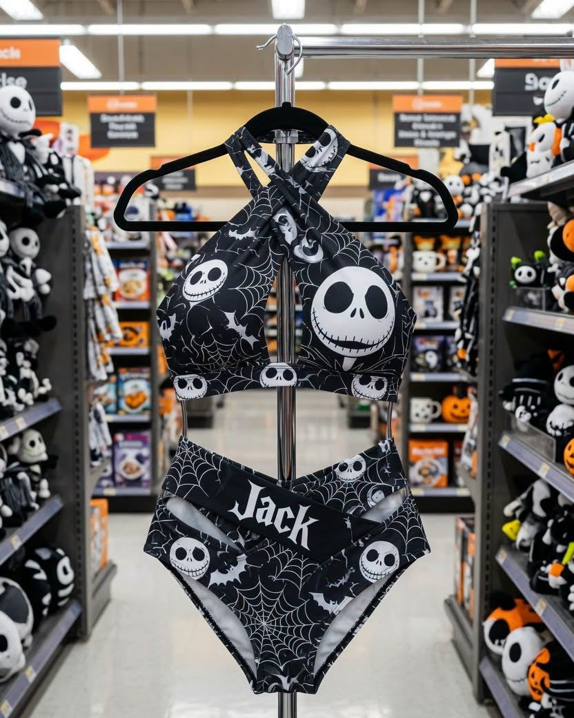 Jack Skellington Cross Strap Bikini 2 Piece High Waist Swimsuit Set GINNBC1754