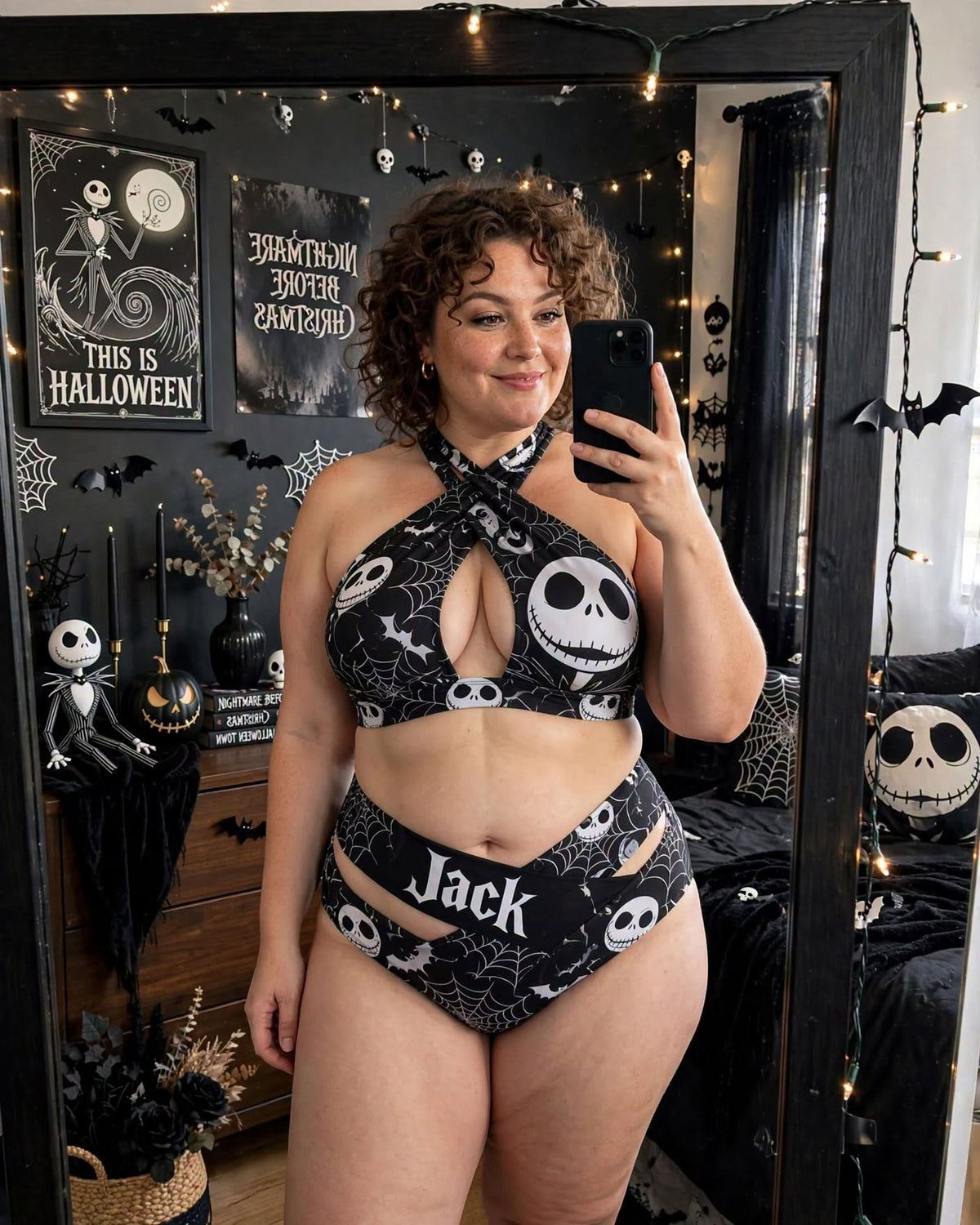 Jack Skellington Cross Strap Bikini 2 Piece High Waist Swimsuit Set GINNBC1754