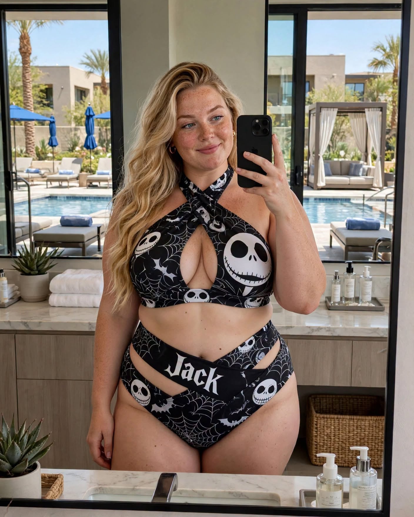Jack Skellington Cross Strap Bikini 2 Piece High Waist Swimsuit Set GINNBC1754