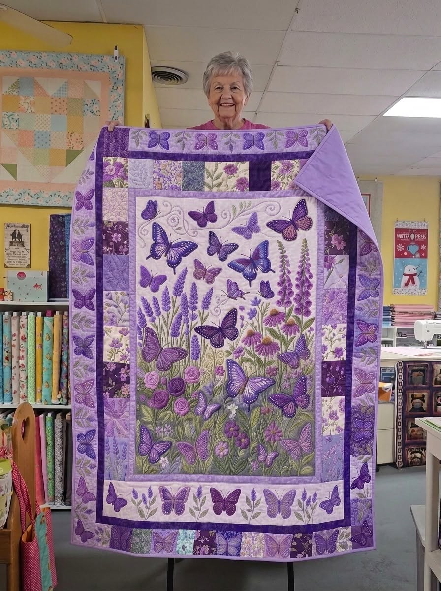 Purple Floral Butterfly Pattern Quilt Blanket QLT010